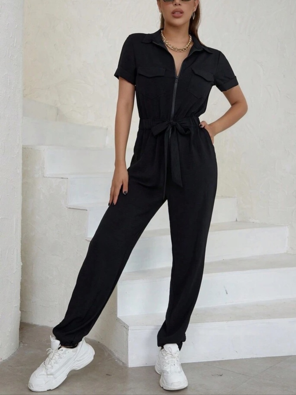 Women’s Black Utility Jumpsuit with Tie Waist
